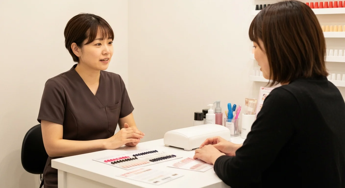 ネイルカラー見本を見ながらデザインの相談をする手元